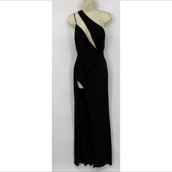 Katie May A Cut Above Gown black jersey knit slinky cut-out one shoulder XS - Picture 2 of 6